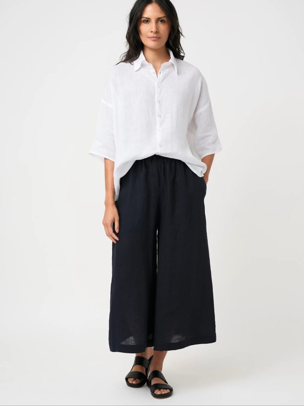ESKANDAR Japanese Samurai Ankle Pants Linen Wide Leg Flare Pockets Crop Colottes